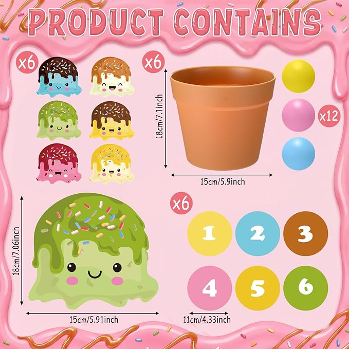Ice Cream Toss Ball Game with 6 Plastic Flower Pots 12 Ice Cream Decor 12 Balls Toss Play Set Icecream Games Indoor Outdoor Games Family Summer Activities Carnival Prizes