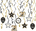 Happy 21st Birthday Black & Gold Glitter Swirls Streamers Party Decorations - 15 Pcs 21st Birthday Hanging Swirls Streamers Kit,Perfect for 21st Bday Party Sign.