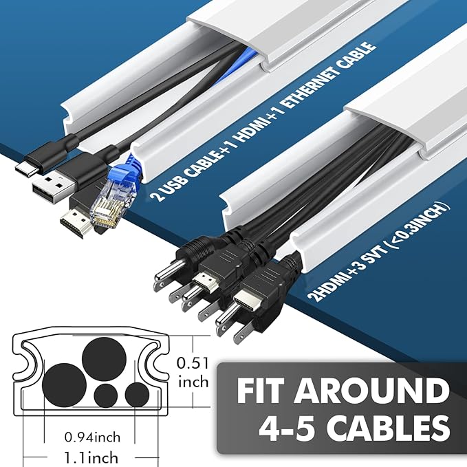 shinfly 189in Cord Hider Kit, Paintable Cable Raceway for Wall Mounted TV, Cord Covers for Wires on Wall, Wire Hider for TV Cables, White, 1.18” W x 0.59” H (15.75in x 12-Pack)