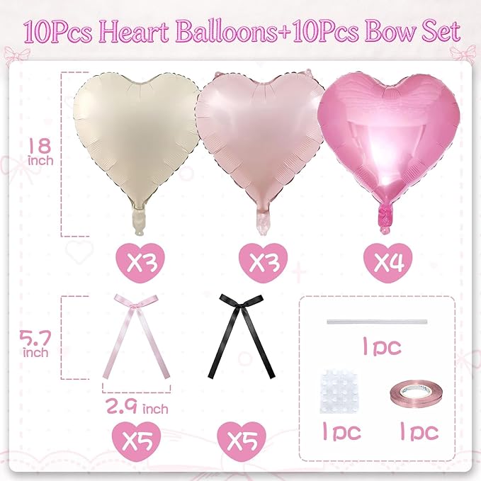 Pink White Heart Balloons with Ribbon Bow, 12 Pcs Pastel Baby Pink Cream Heart Shape Foil Balloon, 18 Inch Helium Balloon with Bow Decor for Girls Birthday Baby Shower Bridal Wedding Coquette Party