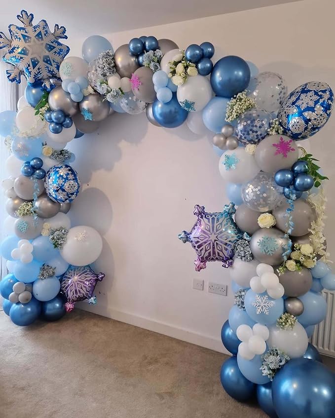Frozen Balloons Garland Arch Kit - 178Pcs Winter Wonderland Snowflake Blue Silver White Balloon for Winter Wonderland Theme Baby Shower Christmas Snow Girl Princess Birthday Party Decorations