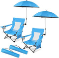 HaSteeL Low Beach Chair Set of 2, Foldable Blue Camping Chair with Adjustable Umbrella Set for Adults, Lightweight Portable Lawn Chairs for Fishing, Picnic, Outdoor BBQ, Travel, Sports