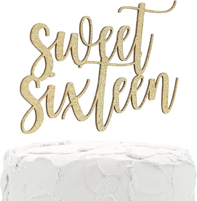 16th Birthday Cake Topper - Sweet Sixteen - Double Sided Gold Glitter - Premium Quality Made in USA