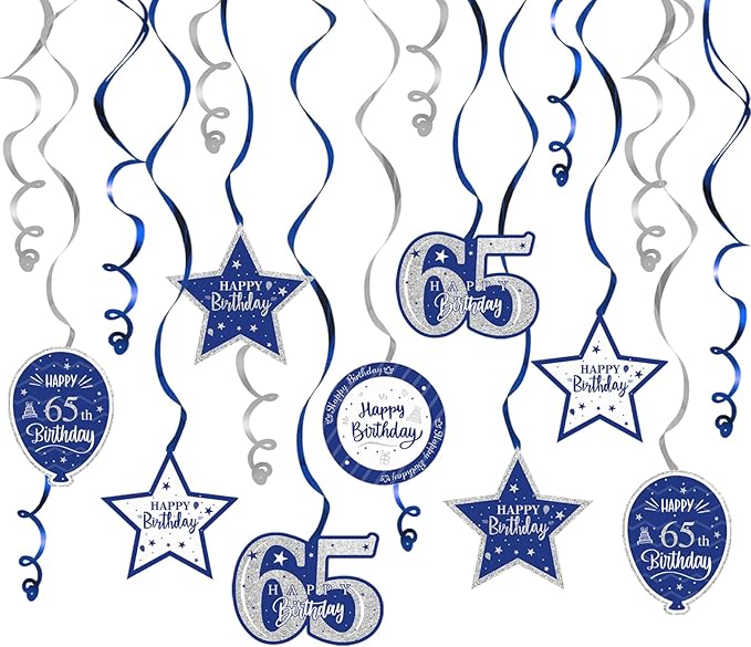 Happy 65th Birthday Blue & Silver Glitter Swirls Streamers Party Decorations - 15 Pcs 65th Birthday Hanging Swirls Streamers Kit,Perfect for 65th Bday Party Sign.