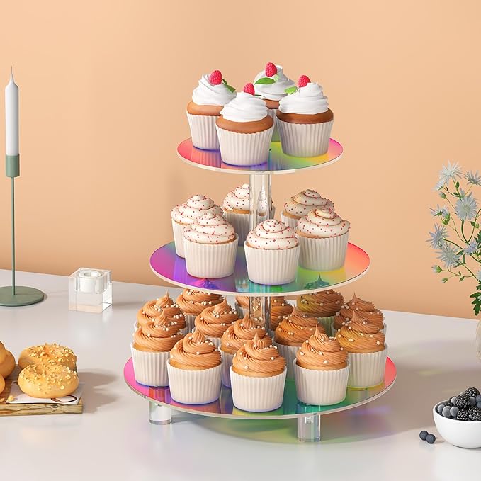 3 Tier Iridescent Acrylic Cupcake Stand, Round Dessert Display Tower for Baby Shower, Birthday Party, Tea Party and Wedding