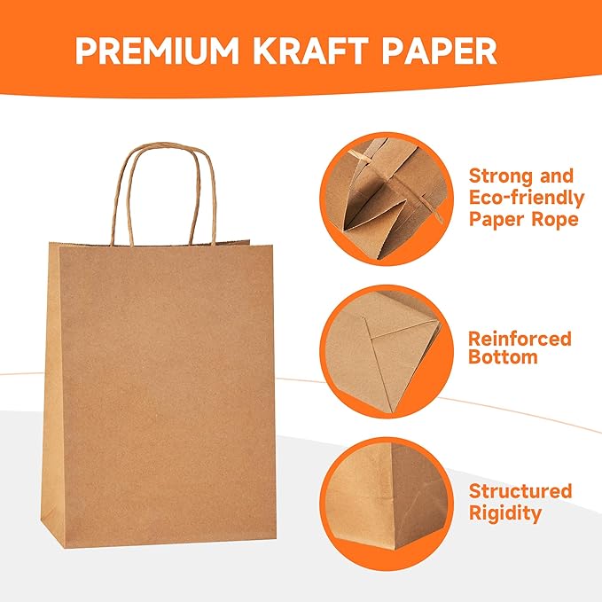 METAPRINT 50 Pack Small Brown Paper Gift Bags with Handles, 5.8"x3.2"x8.25" Kraft Paper Gift Bags for Retail, Birthday Parties, Shopping, Versatile Craft Bags & Goodie Sacks