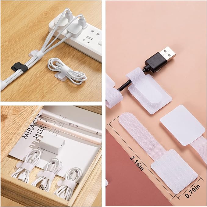 White Cable Management Organizer Kit 4 Cable Sleeve Split,47Cable Clips 12Cord Clips Holder,22 Cable Ties, 20 Adhesive Wall Cable Tie, 200Fasten Cable Ties for TV Electronics