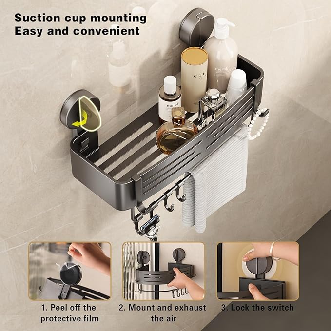 VOLPONE Shower Caddy Suction Shower Shelf No Drilling Shower Organizer Suction Cup Shower Storage Rack Aluminum Wall Mounted Shampoo Holder with Towel Bar Hooks (1-Pack, Matte Gray)