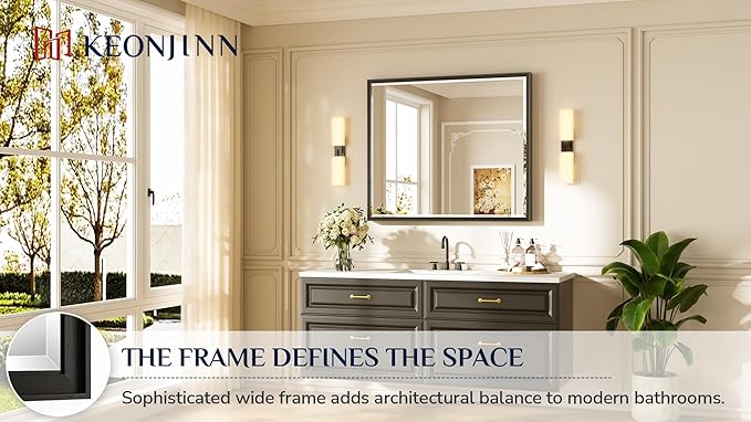 Keonjinn 42" x 36" Black Bathroom Vanity Mirror, Brushed Black Metal Framed Mirrors for Wall, Tempered Glass Beveled Edge, Shatterproof, Rectangular Modern Farmhouse Mirror for Dining Room, Hallway