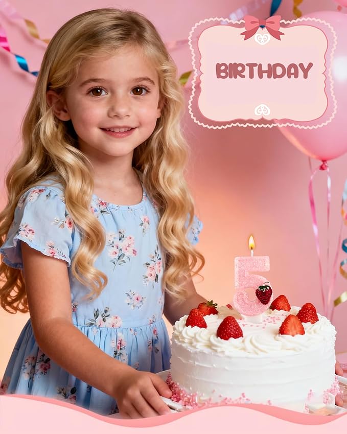 Birthday Candles for Cake, Pink Number Candles, Cake Candles with Greeting Card for Birthday Party Wedding Anniversary Celebrations (Strawberry 5 Candle)