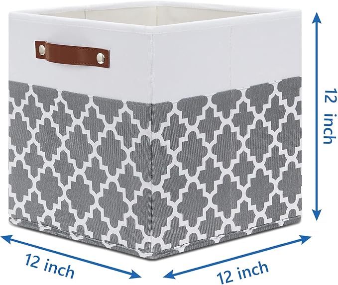 Temary 12x12x12 Fabric Storage Bins 4 Pack with Leather Handle, Foldable Cubes Storage Box Baskets for Closet, Shelf (White&Lattice)