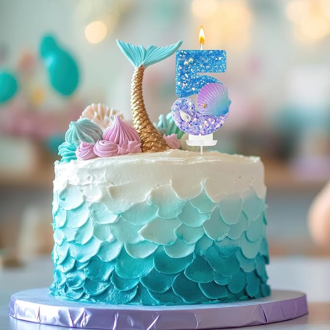 Blue and Purple Birthday Candles, 5th Birthday Cake Decoration, Cupcake Candles，Suitable for Mermaid Theme Party Cake Decoration (5)