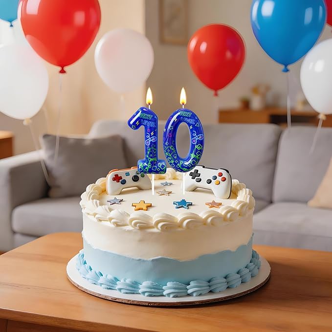 Number 10 Birthday Candle for Cake – Blue Gaming Theme Number Candle with “Next Level” Design, Video Game Style Cake Topper for Anniversary & Celebration