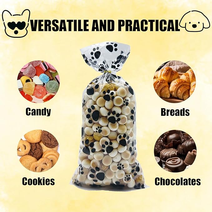 EatnMgan 200Pcs Dog Paw Print Cellophane Treat Bags,Cellophane Bags,Party Favor Gift Bags with 220Pcs Twist Ties for Pet-Themed Parties, Snacks, Candy, and Cookie Packaging (Black)