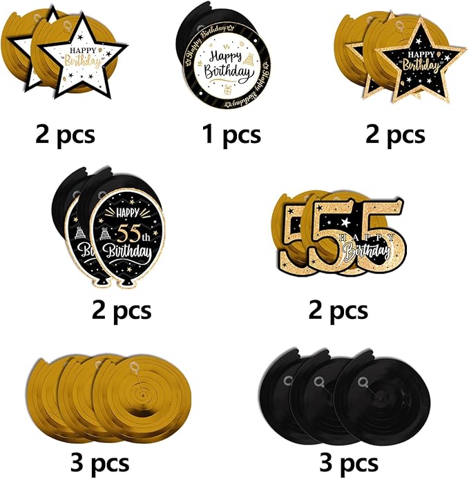 Happy 55th Birthday Black & Gold Glitter Swirls Streamers Party Decorations - 15 Pcs 55th Birthday Hanging Swirls Streamers Kit,Perfect for 55th Bday Party Sign.