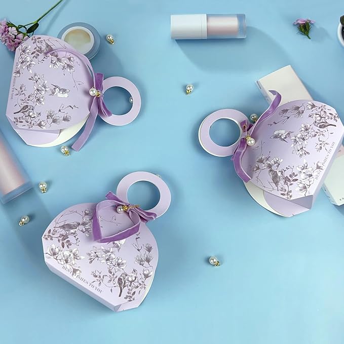 20 PCS Small Gift Boxes, Flower & Bird Party Favor Boxes Goodie Bags with Handle, Velvet Bow, Pearl Pendant for Wedding Anniverary Valentine's Day Birthday Party Presents 4"x5.1"x1.4"(Lilac Purple)