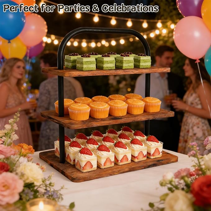 3 Tier Cupcake Stand for 50 Cupcakes, Wood Cupcake Tower Dessert Display Stand, Rustic Tiered Tray Stand, Reusable Cupcake Stand for Wedding, Birthday, Graduation (Brown)