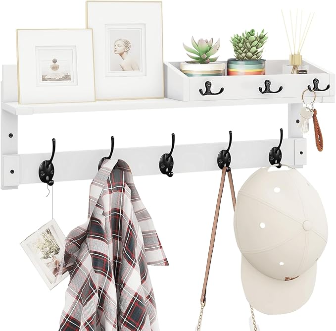 Homode Coat Rack Wall Mount with Hooks and Mail Holder, Entryway Floating Shelf with Key Hooks, Hanging Coat Hanger for Entry, Bathroom, Hallway, Bedroom, White