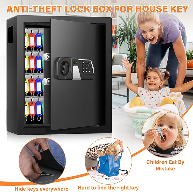 Nebakne 200 Keys Fireproof Key Safe with Hook Plates and Key Tags, Anti-Theft Key Lock Box Wall Mount with Combination Lock, Heavy Duty Key Box Key Cabinet Key Organizer for Home Office Garage