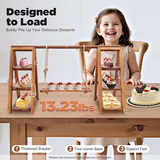 3-Tier Swing Cupcake Stand, Wooden Dessert Stand, Rustic Cupcake & Cake Display Tray for Parties, Halloween, Thanksgiving, Christmas – Farmhouse Style Serving Platter for Dining Table & Kitchen