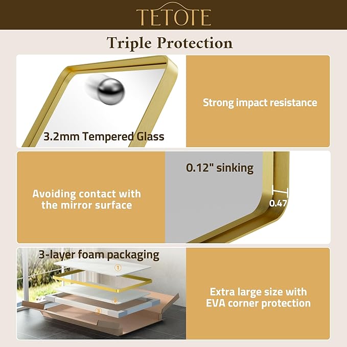 TETOTE Gold Mirror Bathroom 24 x 36 Brushed Gold Metal Framed Vanity Mirror, Tempered Glass, Modern Farmhouse Wall Mounted Mirrors for Decorative(Horizontal/Vertical)
