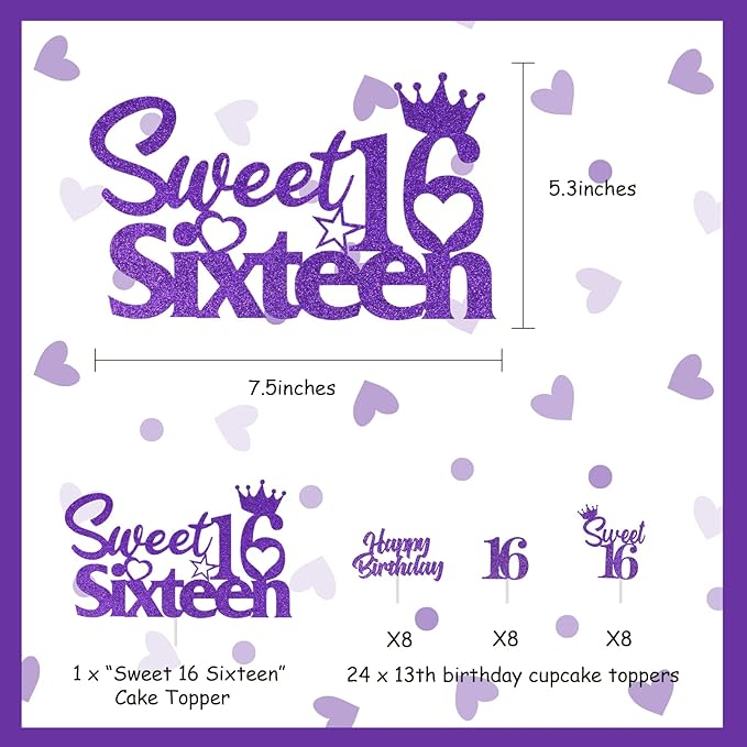 25 Pack 16th Birthday Cake Decorations Purple, Sweet 16 Sixteen Cake Topper, Happy Birthday Sweet 16 Cupcake Toppers for Boys Girls Happy 16th Birthday Party Supplies