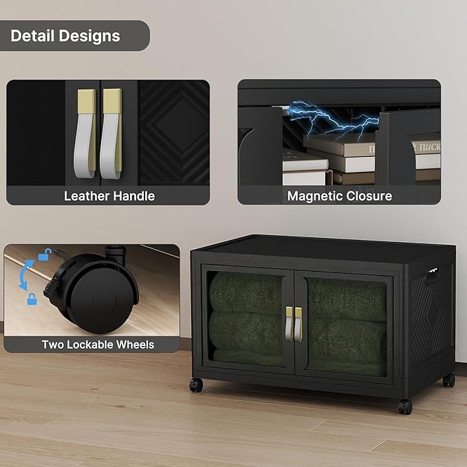 UAMFURI Stackable Storage Bins with Lids, Clear Doors, Large Storage Cabinet Foldable Collapsible Closet Organizers for Bedroom Dorm Office (1, Black, 160, Quarts)