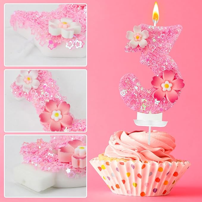 Pink Flower Birthday Candle,Number Birthday Candles for Cake, Ideal Birthday Parties Cake Decor, Wedding Anniversary and Other Celebrations (Number 3, Pink)