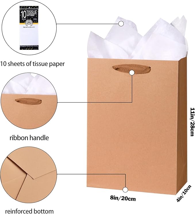 SHIPKEY 10pcs Kraft Paper Bags 8x4x11 Inches, Brown With Tissue Paper, Shopping, Retail, Gift With Soft Cloth Handles