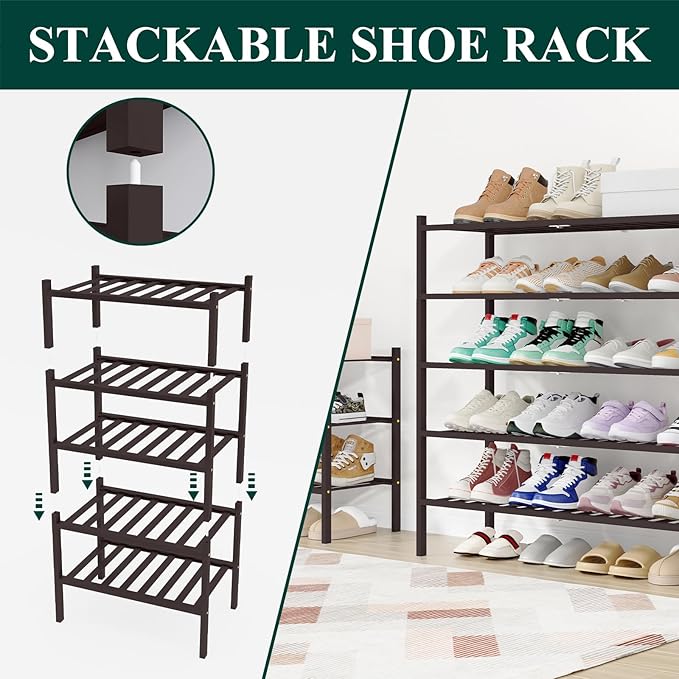 Smiry Long Bamboo Shoe Rack, 5 Tier Free Standing Wooden Shoe Organizer, Stackable Wood Shoe Storage Shelf for Closet, Entryway, 12 Vertical Slats, 2+2+1 Stack Standard Legs, 33.7"x11"x32.5", Brown