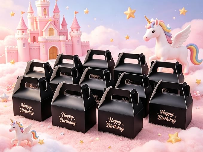XAGLVV 24 Pack Black Paper Gable Boxes with Handles, Treat Goodie Party Favor Gift Box for Wedding, Birthday, Baby Shower, Graduation Decoration Supplies