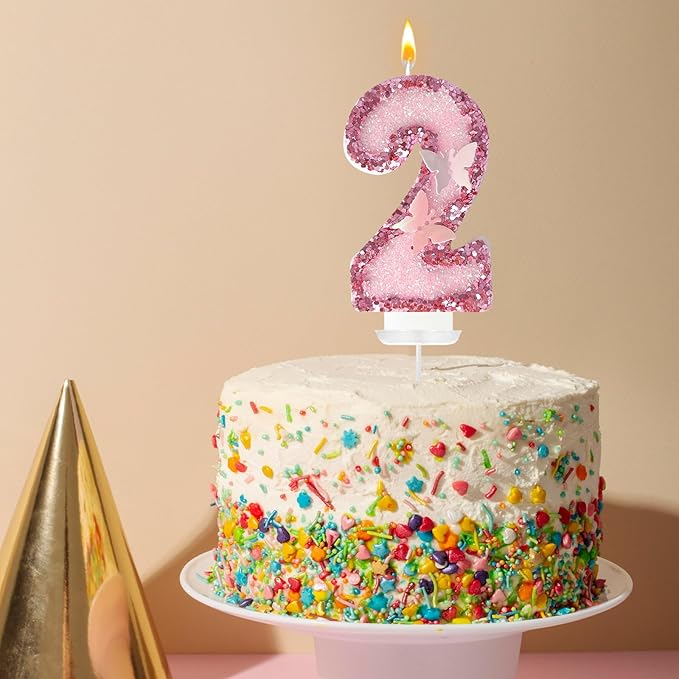 2nd Birthday Candles，Glitter Butterfly Cake Toppers Pink Sequins Wedding Numeral Cupcake Decorations，Suitable for Girl and boy Wedding Cakes, Party Celebrations, Birthday Decorations