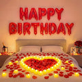 Red Happy Birthday Balloons Decorations Happy Birthday Letter Balloons Banner Set with 24pcs Heart Flameless LED Candles and 2000pcs Artificial Rose Petals for Women Men Room Party Decor