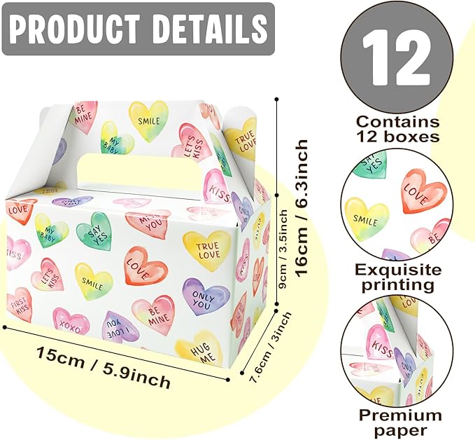 BGFMVS 12 Pack Heart LOVE Candy Boxes with Handles, Suitable for Birthday & Bachelorette Parties, Gift Boxes for Adults and Kids, Ideal for Cookies, Cupcakes, Snacks, Party Favors and Decorations