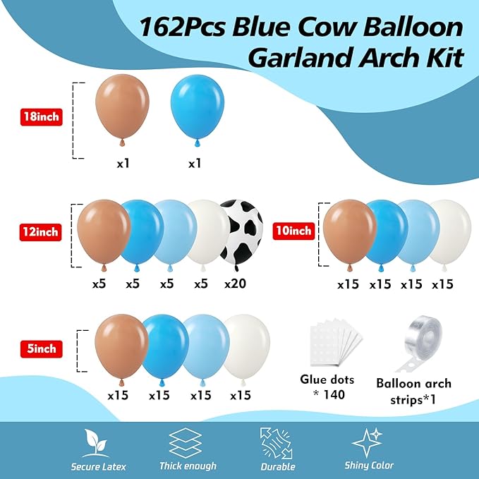 162Pcs Blue Cow Balloons Garland Arch Kit - 18 12 10 5 inch Cow Latex Balloon for Baby Shower Birthday Farm Western Cowboy Cow Print Theme Party Supplies Decorations