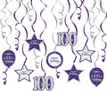 Happy 100th Birthday Purple & Silver Glitter Swirls Streamers Party Decorations - 15 Pcs 100th Birthday Hanging Swirls Streamers Kit,Cheers to 100 Years Old Bday Party Sign.