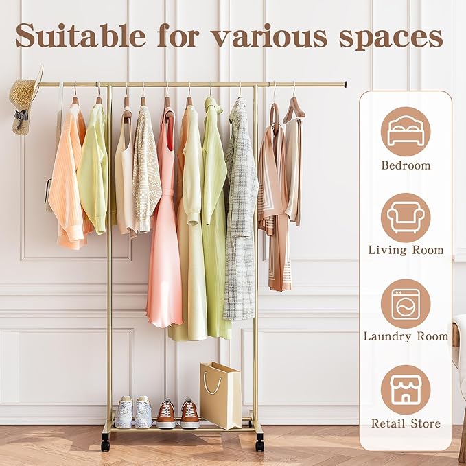 SUOERNUO Clothes Rack with Wheels Rolling Clothing Rack for Hanging Clothes, Portable Metal Garment Rack for Bedroom Laundry Living Room (Gold, 59.05"*15.75"*59.45")