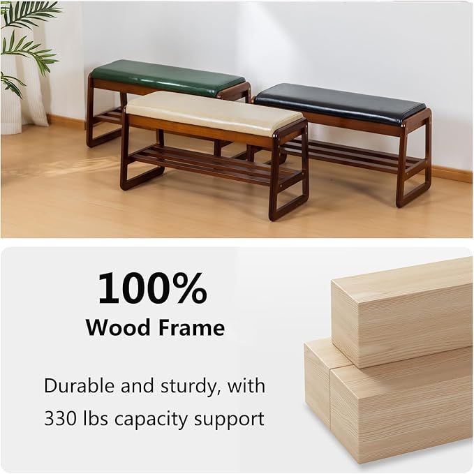 SOBIBO Shoe Bench with Storage - 2-Tier Entryway Bench, Solid Wood Shoe Rack with Cushion & Flip-Open Box, Mid-Century Modern for Hallway, Mudroom, Bedroom (Green, 31.5'')