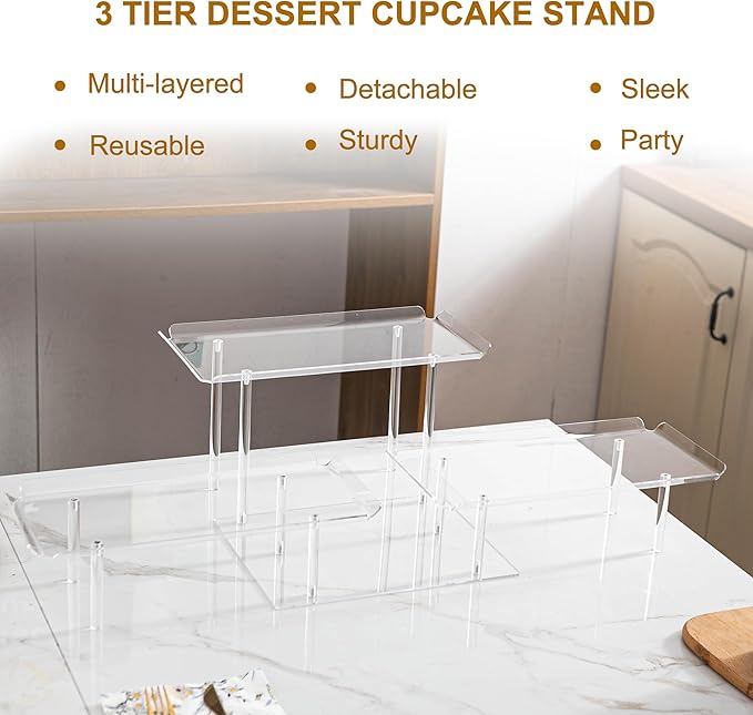 Acrylic Dessert Table Display Set, Clear Cupcake Stand, 3 Tiered Serving Trays and Platters, Buffet Riser and Stand Appetizer Sandwiches Cookie Display Stand Finger Food Display Trays for Party Bases Para Postres