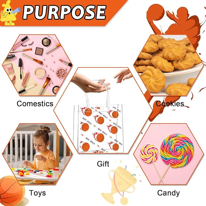 24Pcs Basketball Clear PVC Gift Bags with Handles Bulk 8 x 8 x 3In Sport Theme Goodie Treat Candy Bags Basketball Team Present Wrap Tote Bag for Boys Birthday Party Favor Baby Shower Decors Supplies