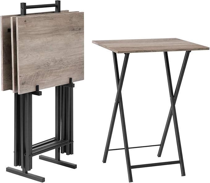 HOOBRO Folding TV Tray Tables, Set of 4 TV Trays with Storage Rack, Industrial Side Table for Eating at Couch, Foldable Snack Table for Small Space, Easy Assembly, Greige and Black BG50BZ01