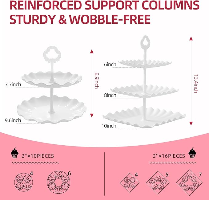 13PCS Cupcake Stand Set, 2-Tier Round & 3-Tier Square Trays, 4 Small Square + 4 Rectangle Platters, Tiered Dessert Display for Candy Cookies Cake Pops, Wedding Baby Shower Birthday Party Decorations