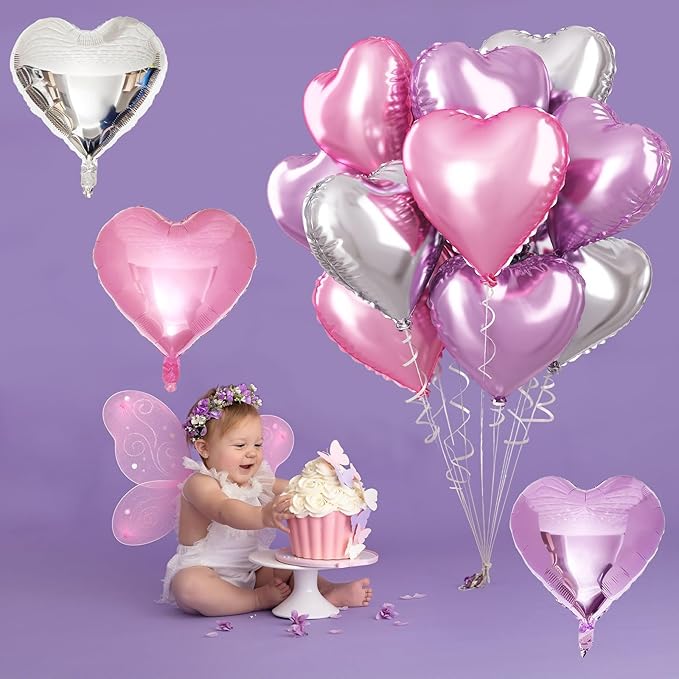 Pink Purple Foil Heart Balloons, 18 Inch 12Pcs Lavender Purple Pink and Silver Heart Shape Foil Balloons, Light Violet Purple Helium Balloon for Girls Women Birthday Wedding Valentines Butterfly Party