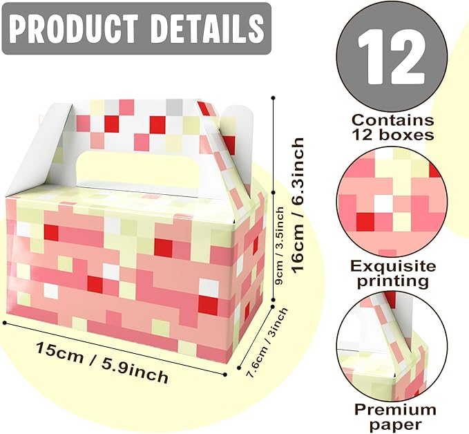 12 Pack Pixel Style Cake Party Favor Boxes with Handles, Mining World Theme Pink Cake Blocks Gift Boxes for Boys Girls Kids, Snack Containers for Cookies Cupcakes, Pixel Mining Game Party Decorations