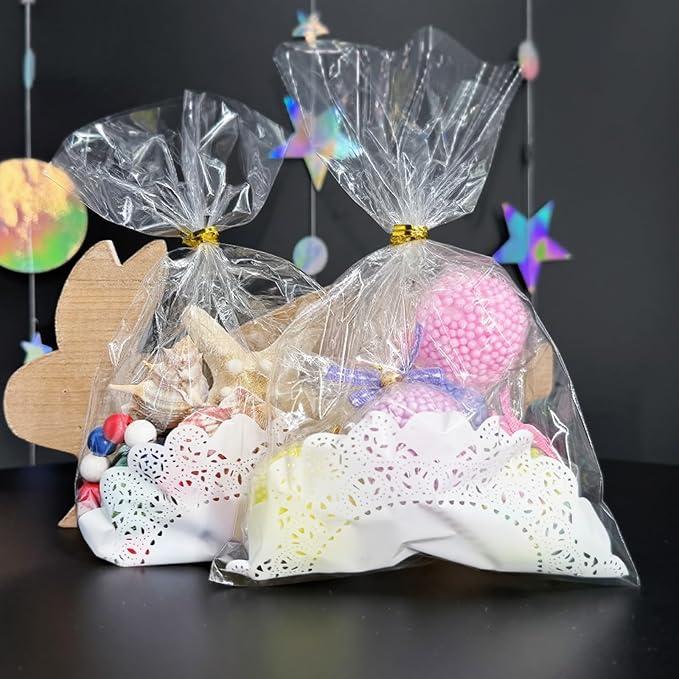 AimtoHome Cellophane Treat Bags Clear Doilies, 9x6 inches, 50 Pack with Ties,Small Party Favors bags for Cookie Candy Popcorn