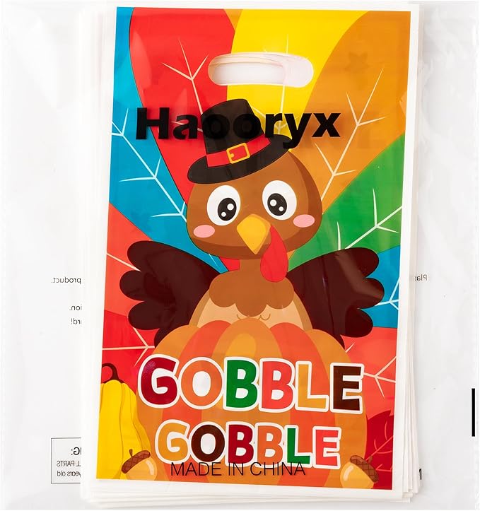 Haooryx Thanksgiving Day Turckey Favor Bag - 50Pcs Gobble Turckey Plastic Gift Goodie Candy Treat Bag Gift Wrapping Decoration for Thanksgiving Dinner Party Kid Birthday Baby Shower Party Favor Supply