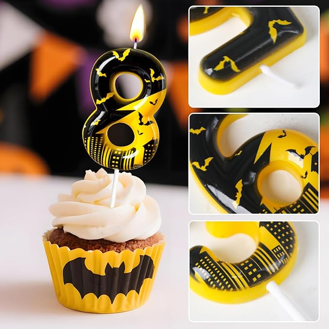 Black Yellow Number 8 Birthday Candle for Cake – Dark Night Hero Style with Bat & City Silhouette Design – Unique Cake Topper for Birthday, Anniversary, Themed Party Decoration