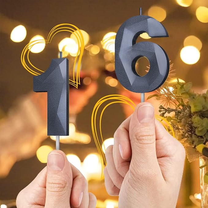 Number Birthday Candles(7 Candle Black) 3D Diamond Shape 7th Happy Birthday Cake Topper Decorations for Boy Men Birthday Wedding Anniversary Celebration Theme Party Supplies
