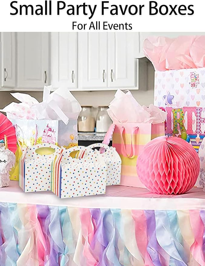 P6RB12 Happyhiram Favor Boxes 12 Pcs for Kids Birthday Box, Polka Dot and Striped Birthday Goodie Treat Boxes with Handles 6" Gable Boxes Colorful Candy Boxes Party Favor Paper Gift Boxes