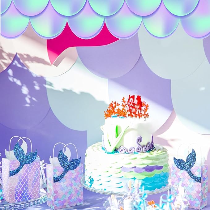 Leinuosen 16 Pcs Mermaid Party Favor Bags Mermaid Gift paper Bags with Handles Princess Theme Birthday Decoration Treat Candy wrap packs for Baby Shower Birthday Pool Party Supplies